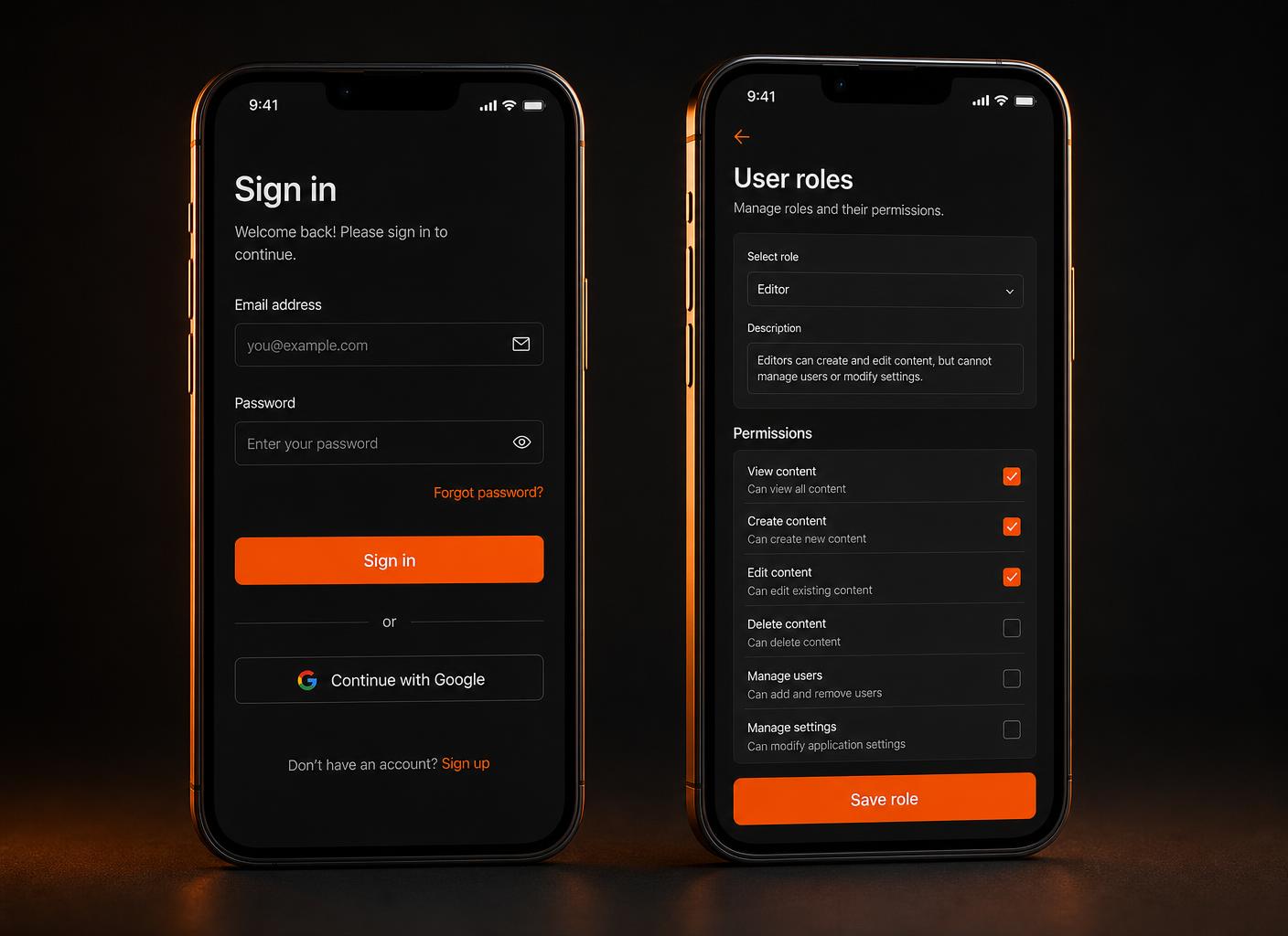 Sign in screen and roles panel shown on two phones